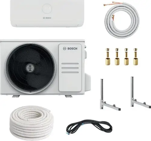 Bosch Split-Klimasystem mit Innengerät, Außengerät, zwei Rohren, Befestigungsmaterial und Kabeln auf hellem Hintergrund.